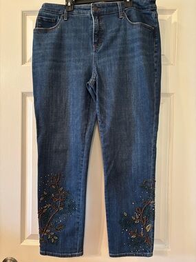 Chico’s So Slimming Embroidered Dark Blue Women's Jeans Size 12R   2R (Chico’s)